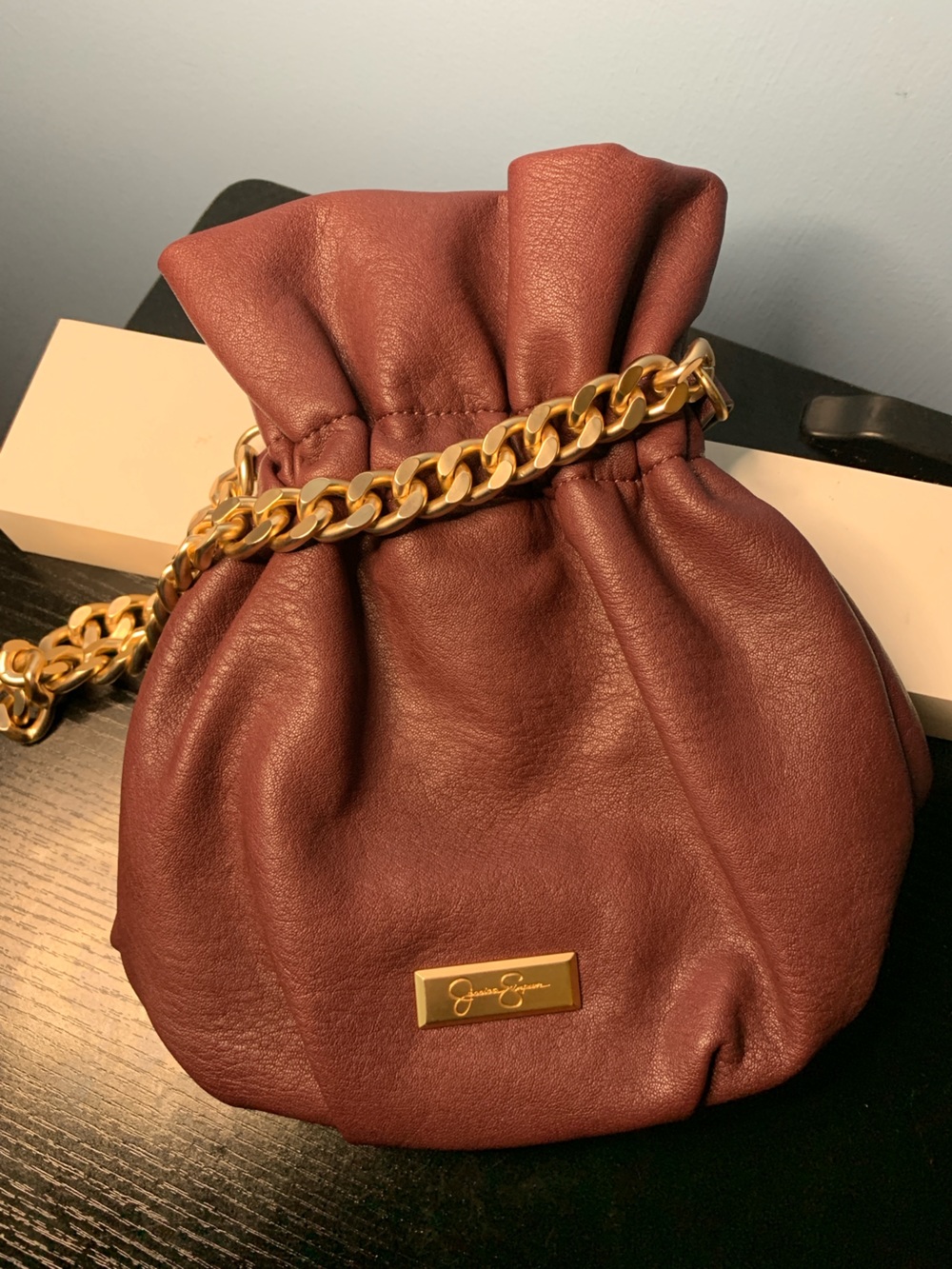 Jessica Simpson Burgundy Drawstring Clutch with Gold Chain